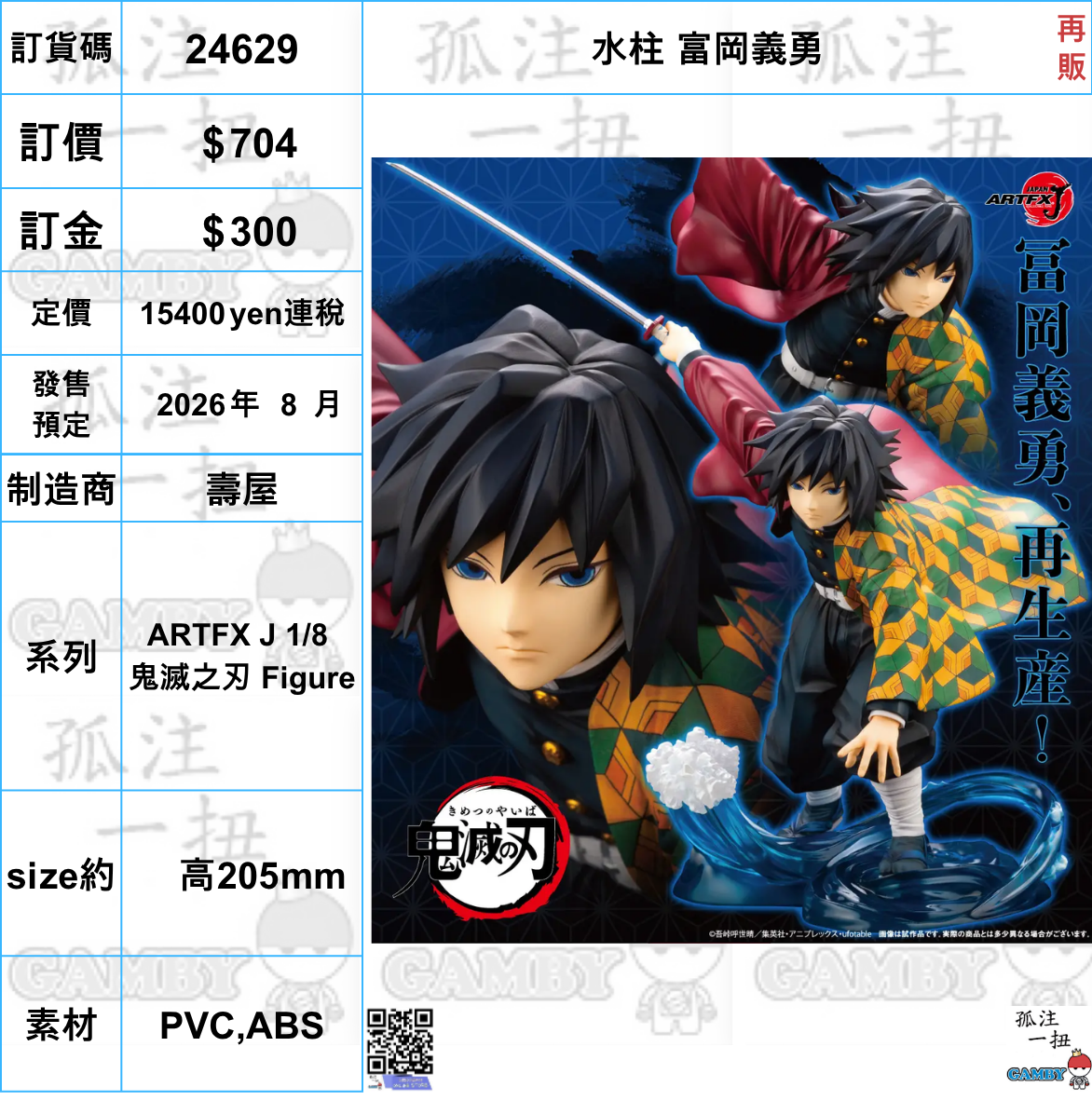 訂貨碼:24629 <訂價$704> #(免手續費) 水柱富岡義勇(再販