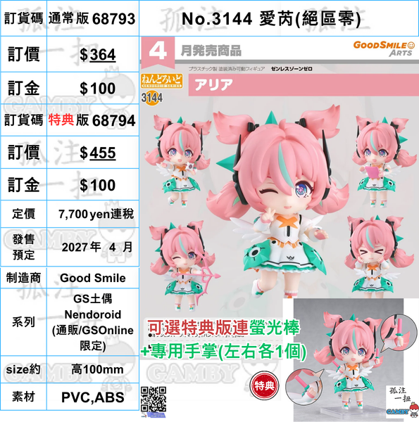 訂貨碼:68793&68794 <訂價$363&455> #(免手續費)No.3144 愛芮(絕區零)=GS土偶Nendoroid