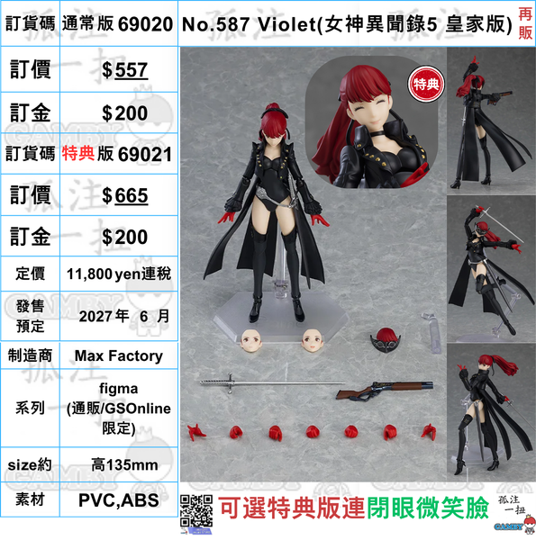 訂貨碼:69020&69021 <訂價$557&666> #(免手續費)No.587 Violet(女神異聞錄5 皇家版)再販=figma