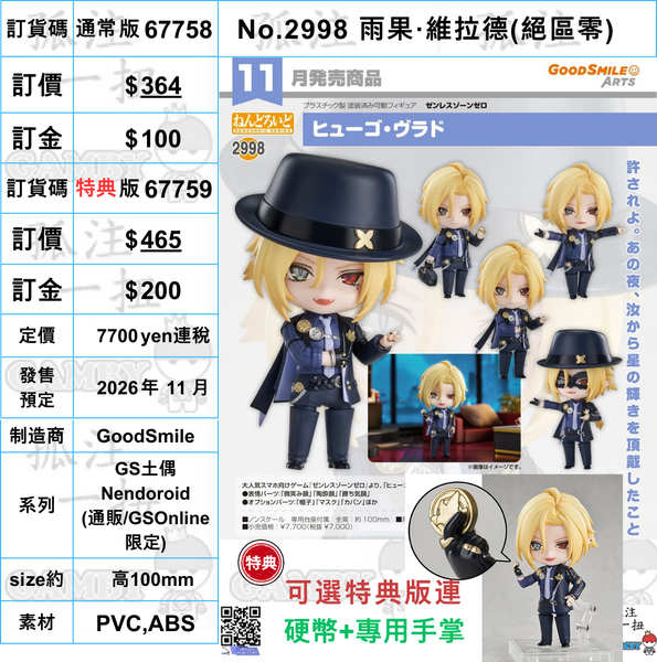 訂貨碼:67758&67759 <訂價$364&$465> #(免手續費)No.2998 雨果·維拉德(絕區零)=GS土偶Nendoroid