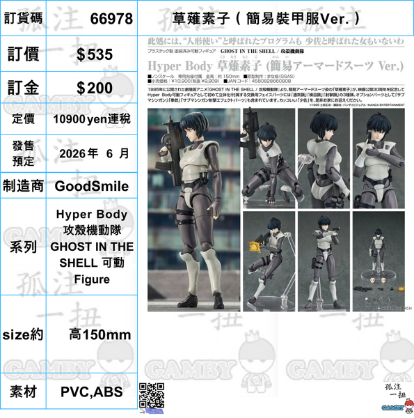 訂貨碼:66978 <訂價$535> #(免手續費)草薙素子(簡易裝甲服Ver.)=Hyper Body 攻殼機動隊 GHOST IN THE SHELL 可動Figure