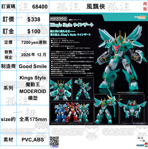 訂貨碼:68400 <訂價$333> #(免手續費)風飄俠(再販)=Kings Style 魔動王 MODEROID 模型