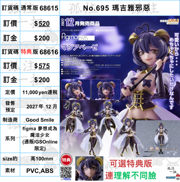 訂貨碼:68616&68617 <訂價$520&575> #(免手續費)No.695 瑪吉雅邪惡=figma 夢想成為魔法少女