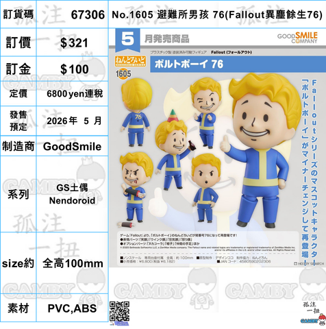 訂貨碼:67306 <訂價$321> #(免手續費)No.1605 避難所男孩 76(Fallout異塵餘生76)=GS土偶Nendoroid