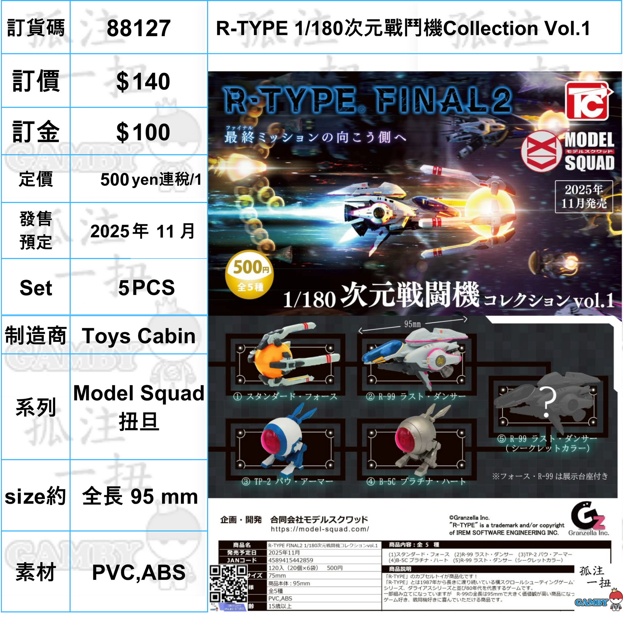訂貨碼:88127 <訂價$140> #(免手續費)(Set5pcs)R-TYPE 1/180次元戰鬥機Collection Vol.1=Model Squad扭旦