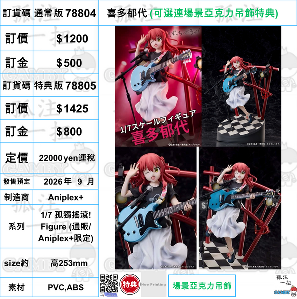 訂貨碼:78804&78805 <訂價$1200&1425> #喜多郁代=1/7 孤獨搖滾! Figure