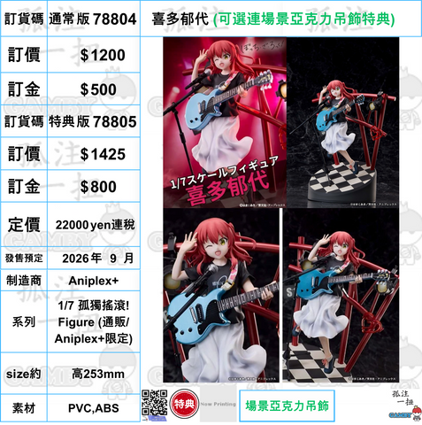 訂貨碼:78804&78805 <訂價$1200&1425> #喜多郁代=1/7 孤獨搖滾! Figure
