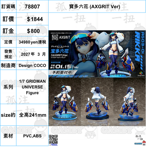 訂貨碼:78807 <訂價$1844> #(免手續費)寶多六花 (AXGRIT Ver)=1/7 GRIDMAN UNIVERSE Figure