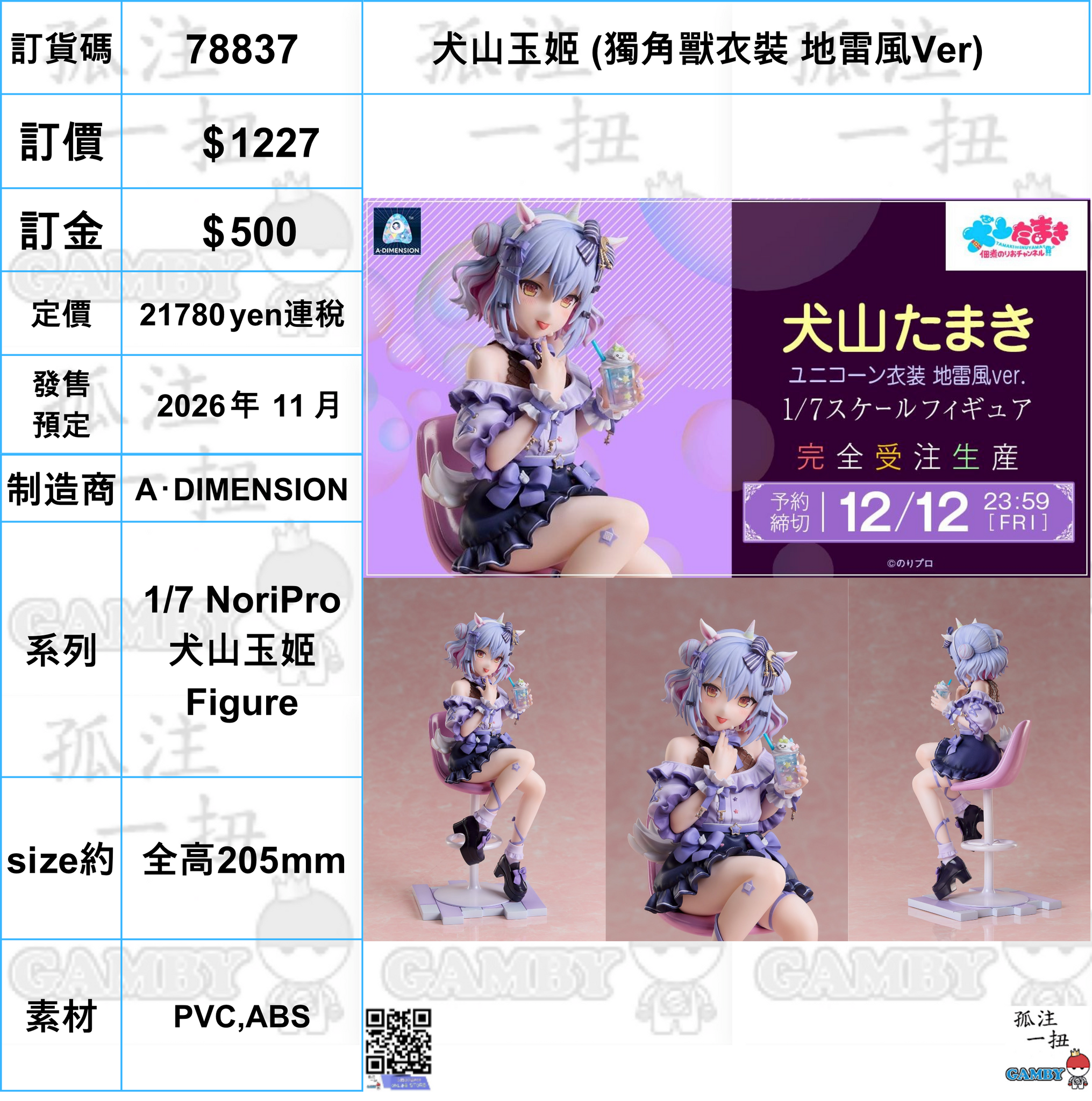 訂貨碼:78837 <訂價$1227> #(免手續費)犬山玉姬 (獨角獸衣裝 地雷風Ver)=1/7 NoriPro 犬山玉姬 Figure