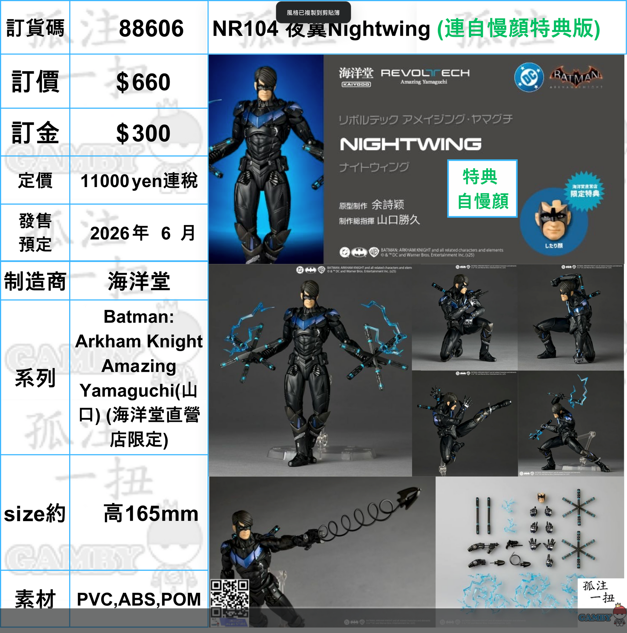 訂貨碼:88606 <訂價$660> #(連自慢顔特典版)NR104 夜翼Nightwing=Batman: Arkham Knight Amazing Yamaguchi(山口) (海洋堂直營店限定)
