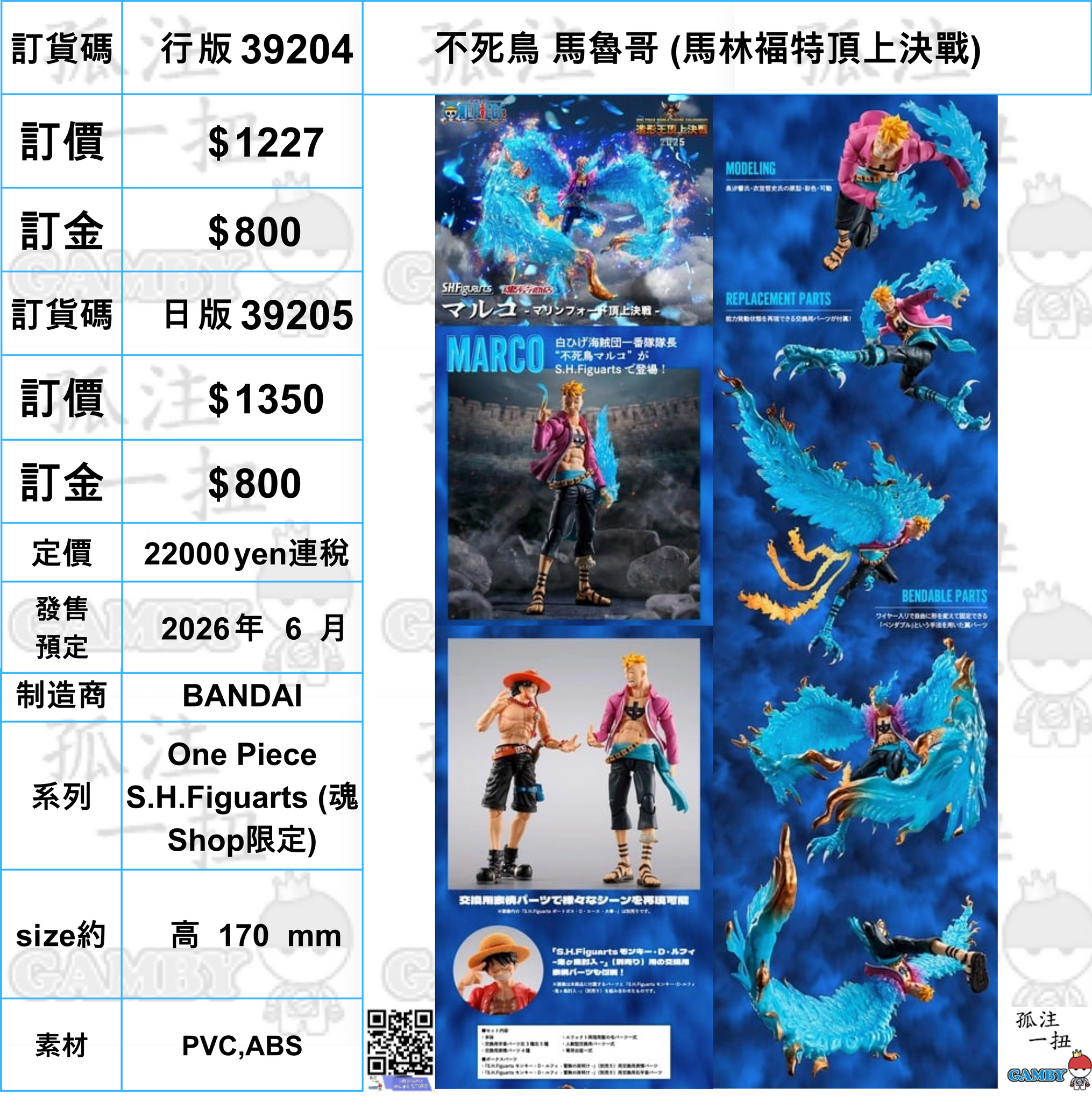 訂貨碼:39204&39205 <訂價$1277&1350> #不死鳥 馬魯哥 (馬林福特頂上決戰)=One Piece SHF