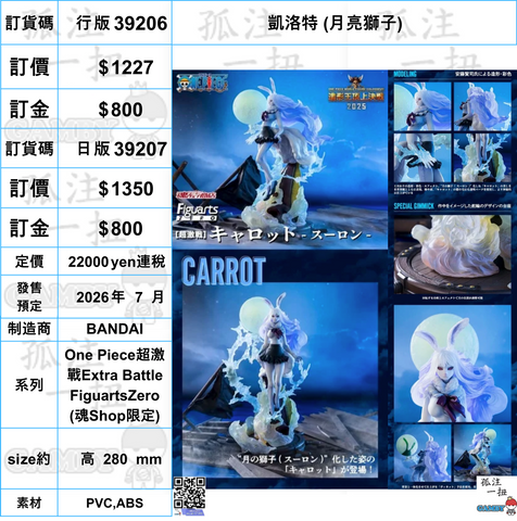 訂貨碼:39206&39207 <訂價$1277&1350> #凱洛特 (月亮獅子)=One Piece超激戰Extra Battle FiguartsZero