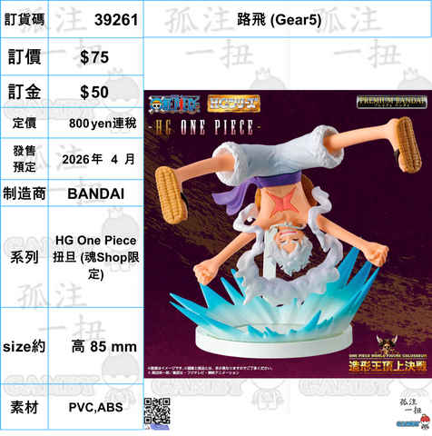 訂貨碼:39261 <訂價$75> #路飛 (Gear5)=HG One Piece 扭旦
