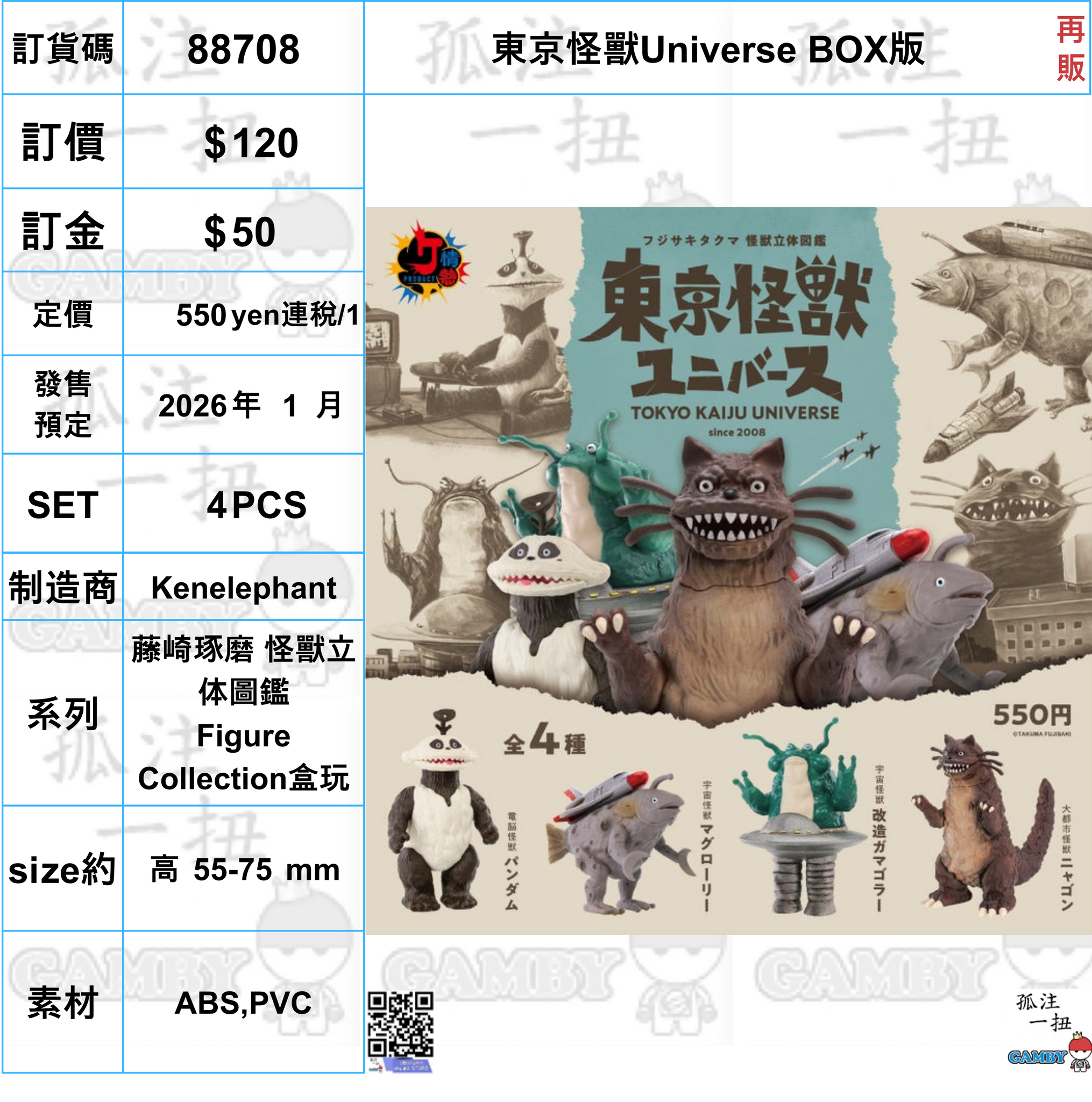 訂貨碼:88708 <訂價$120> #(免手續費)(Set4pcs)東京怪獸Universe BOX版(再販)=藤崎琢磨 怪獸立体圖鑑 Figure Collection盒玩