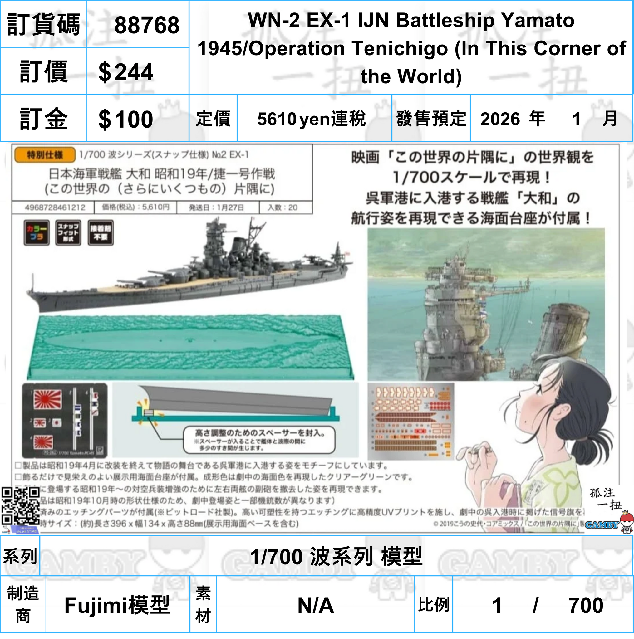 訂貨碼:88768 <訂價$244> #(免手續費)WN-2 EX-1 IJN