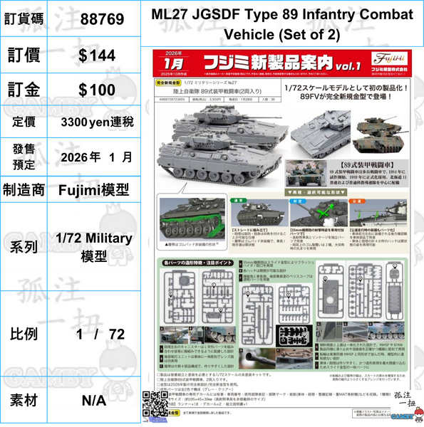 【保留】JGSDF TYPE 89 7点 訂貨碼:88769 <訂價$144> #(免手續費)ML27 JGSDF Type 89