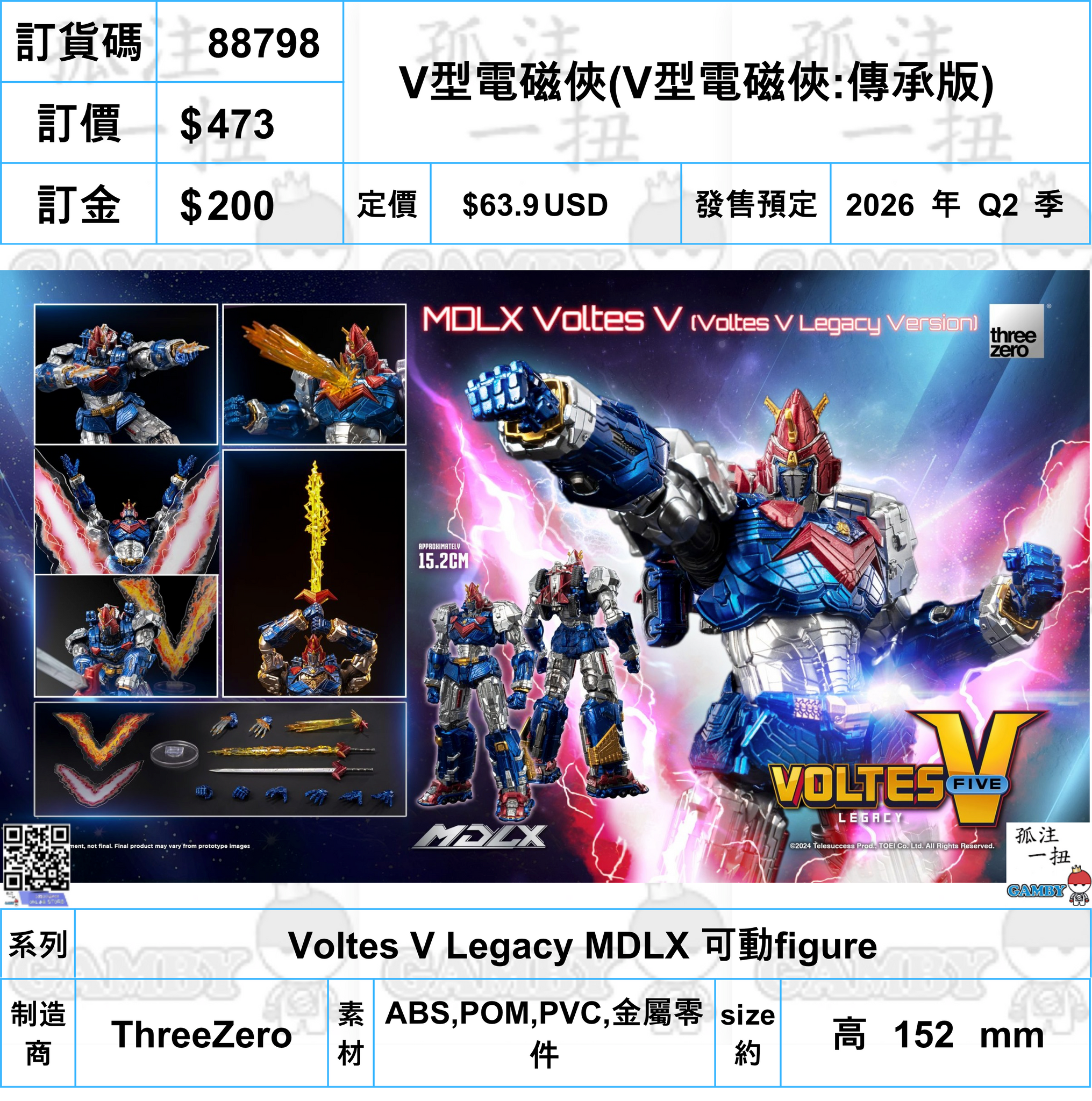 訂貨碼:88798 <訂價$473> #(免手續費)V型電磁俠(V型電磁俠:傳承版)=Voltes V Legacy MDLX 可動figure