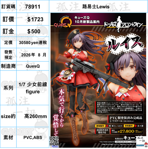 訂貨碼:78911 <訂價$1723> #(免手續費)路易士Lewis=1/7 少女前線 figure