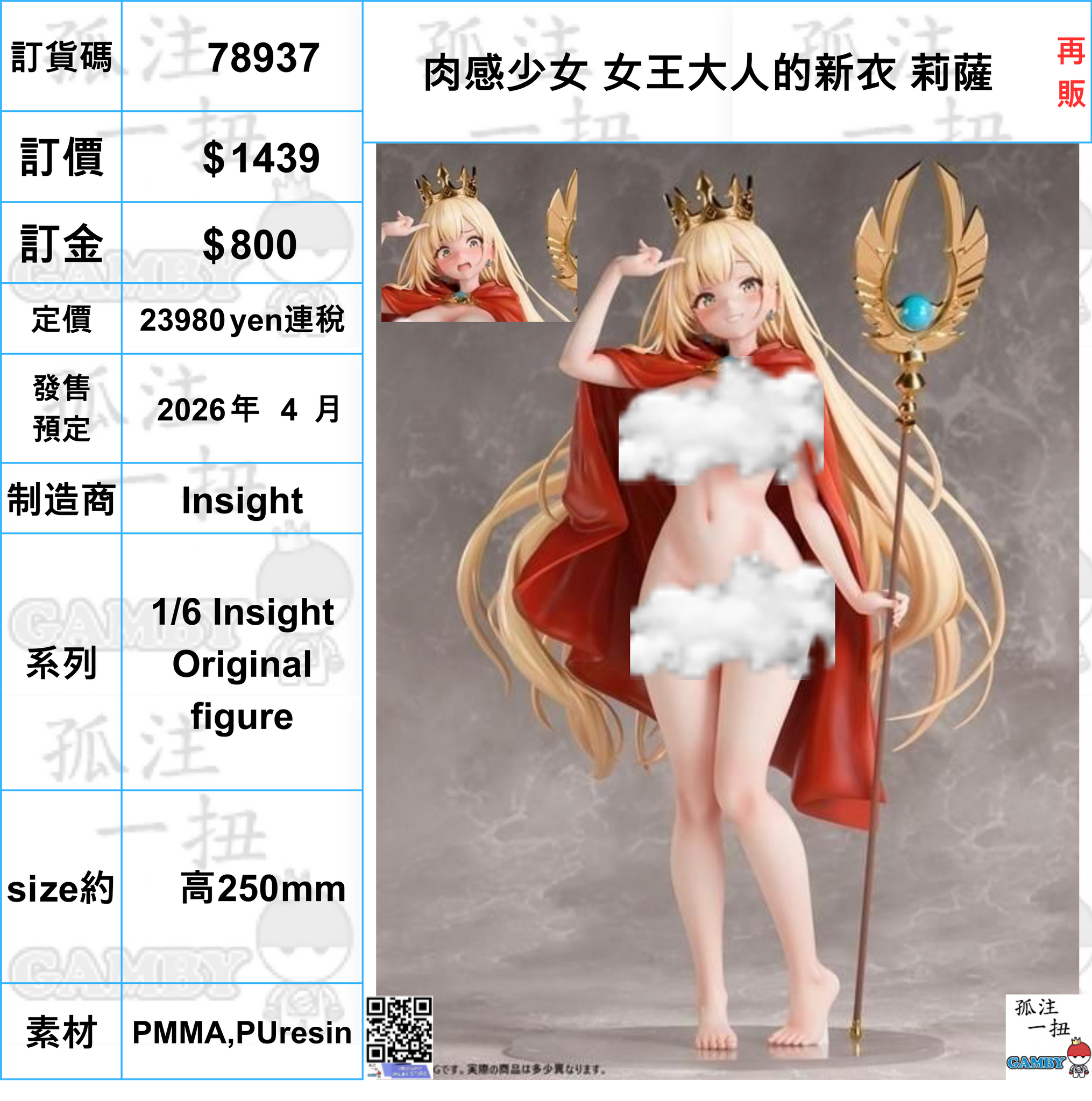 訂貨碼:78937 <訂價$1439> #(免手續費)肉感少女 女王大人的新衣 莉薩(再販)=1/6 Insight Original figure