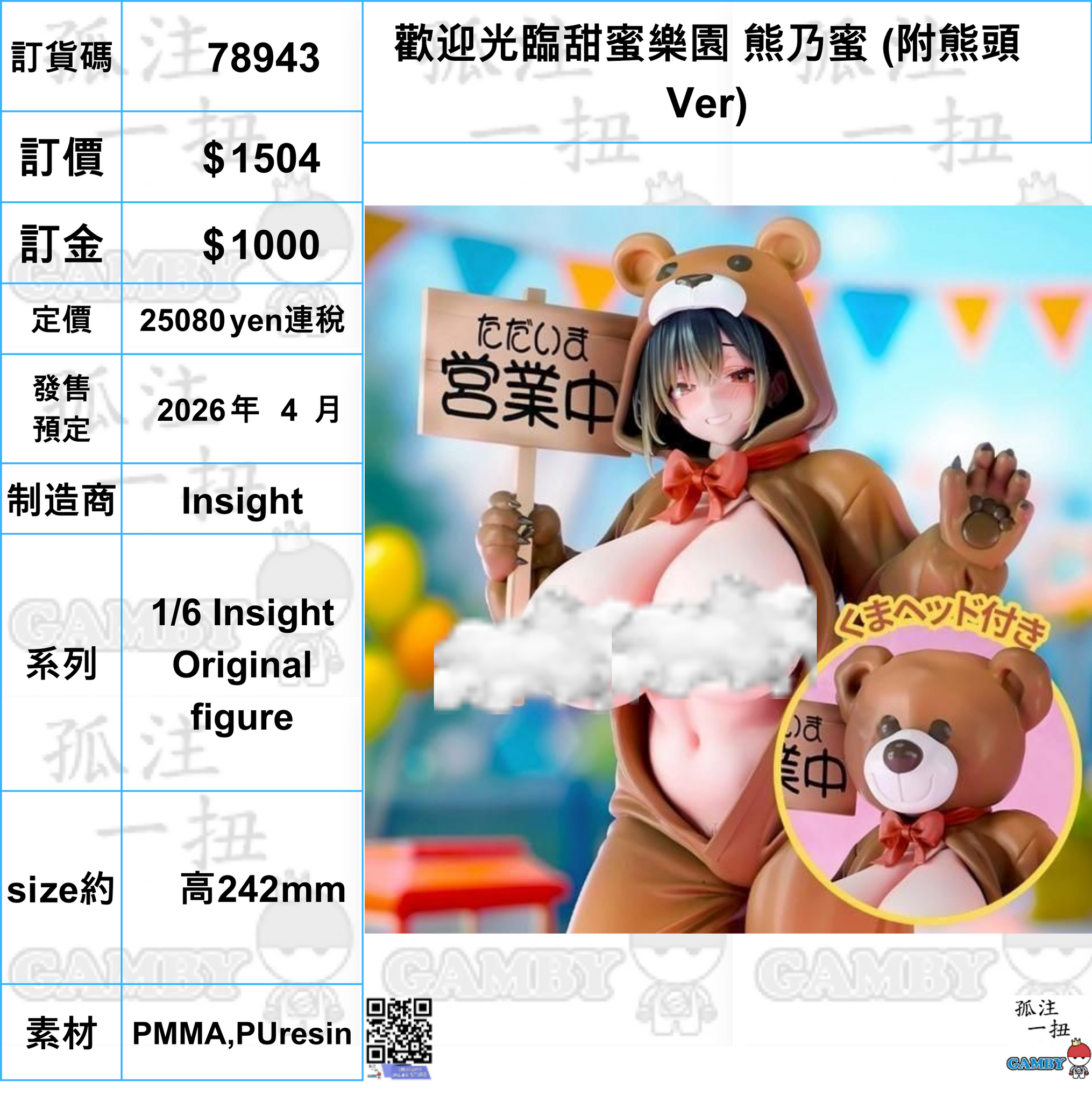 訂貨碼:78943 <訂價$1504> #(免手續費)歡迎光臨甜蜜樂園 熊乃蜜 (附熊頭Ver)=1/6 Insight Original figure