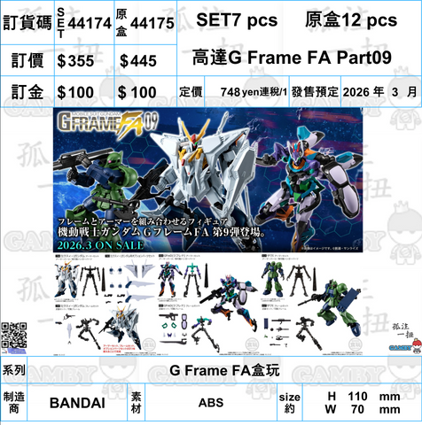 訂貨碼:44174&44175 <訂價$355&428> #(免手續費)高達G Frame FA Part09=G Frame FA盒玩