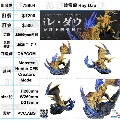 訂貨碼:78964 <訂價$1200> #(免手續費)煌雷龍 Rey Dau=Monster Hunter CFB Creators Model