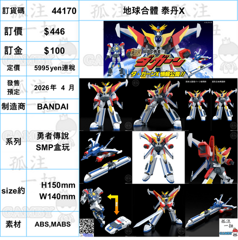 訂貨碼:44170 <訂價$446> #(免手續費)地球合體 泰丹X=勇者傳說 SMP盒玩