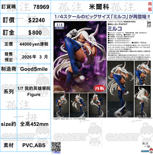 訂貨碼:78969 <訂價$2240> #(免手續費)米爾科(再販)=1/7 我的英雄學院 Figure