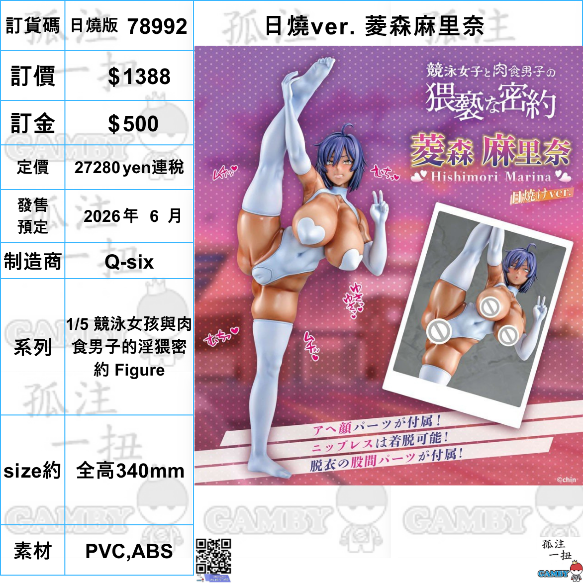 訂貨碼:78992 <訂價$1388> #(免手續費)日燒ver. 菱森麻里奈=1/5 競泳女孩與肉食男子的淫猥密約 Figure