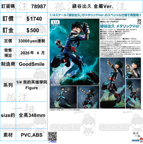 訂貨碼:78987 <訂價$1740> #(免手續費)綠谷出久 金屬Ver.=1/4 我的英雄學院 Figure