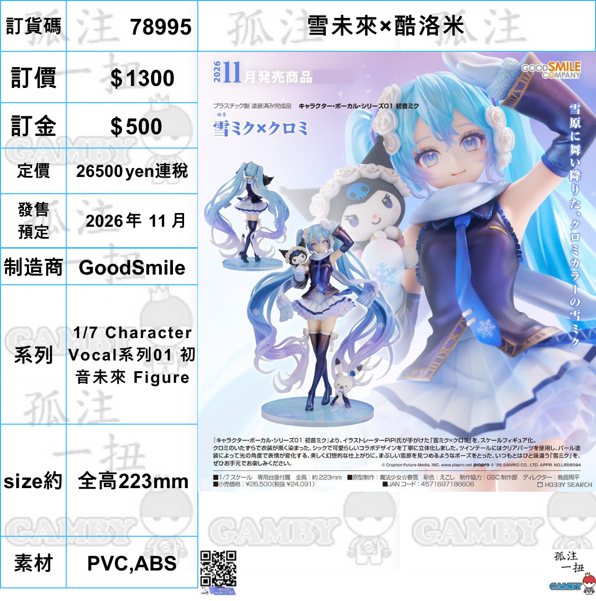 訂貨碼:78995 <訂價$1300> #(免手續費)雪未來×酷洛米=1/7 Character Vocal系列01 初音未來 Figure