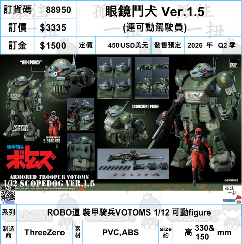 訂貨碼:88950 <訂價$3335> #免手續費(連可動駕駛員)眼鏡鬥犬 Ver.1.5=裝甲騎兵VOTOMS 1/12 ROBO道