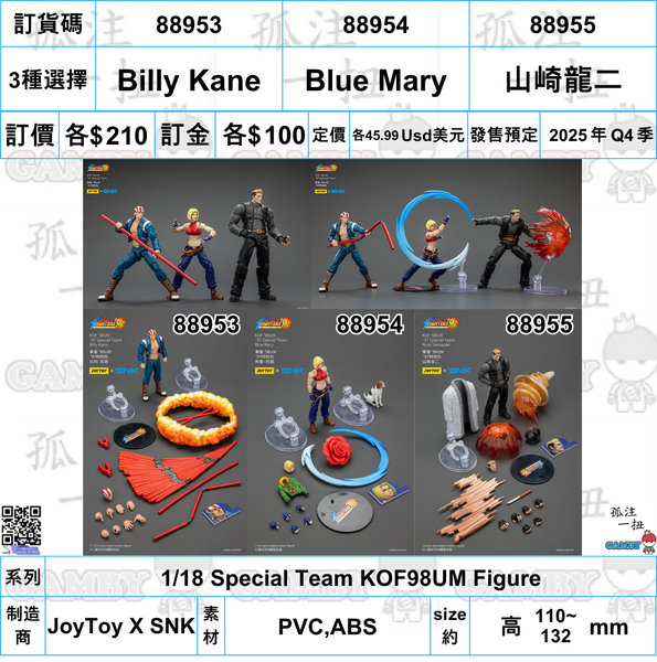 訂貨碼:88953-88955 <訂價各$210> #(免手續費) Billy Kane/Blue Mary/山崎龍二=1/18 Special Team KOF98UM Figure