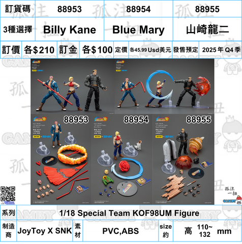 訂貨碼:88953-88955 <訂價各$210> #(免手續費) Billy Kane/Blue Mary/山崎龍二=1/18 Special Team KOF98UM Figure
