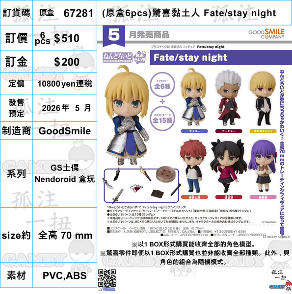 訂貨碼:67281 <訂價$510> #(免手續費)(原盒6pcs)驚喜黏土人 Fate/stay night=GS土偶Nendoroid 盒玩