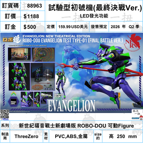 訂貨碼:88963 <訂價$1188> #(免手續費)試驗型初號機(最終決戰Ver.)=新世紀福音戰士新劇場版 ROBO-DOU 可動Figure