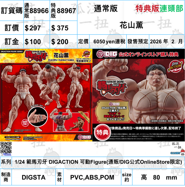 訂貨碼:88966&88967 <訂價$297&$375> #花山薫=1/24 範馬刃牙 DIGACTION