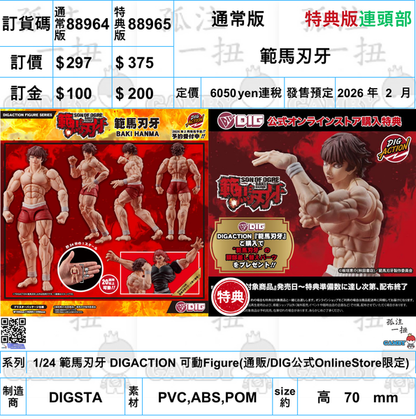 訂貨碼:88964&88965 <訂價$297&$375> #範馬刃牙=1/24 範馬刃牙 DIGACTION