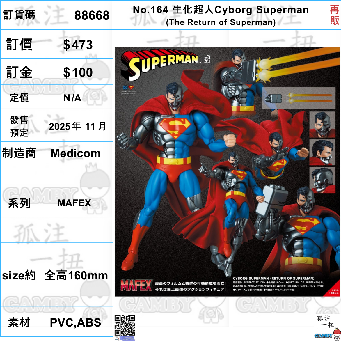 訂貨碼:88668 <訂價$473> #(免手續費)No.164 生化超人Cyborg Superman(The Return of Superman)再販=MAFEX