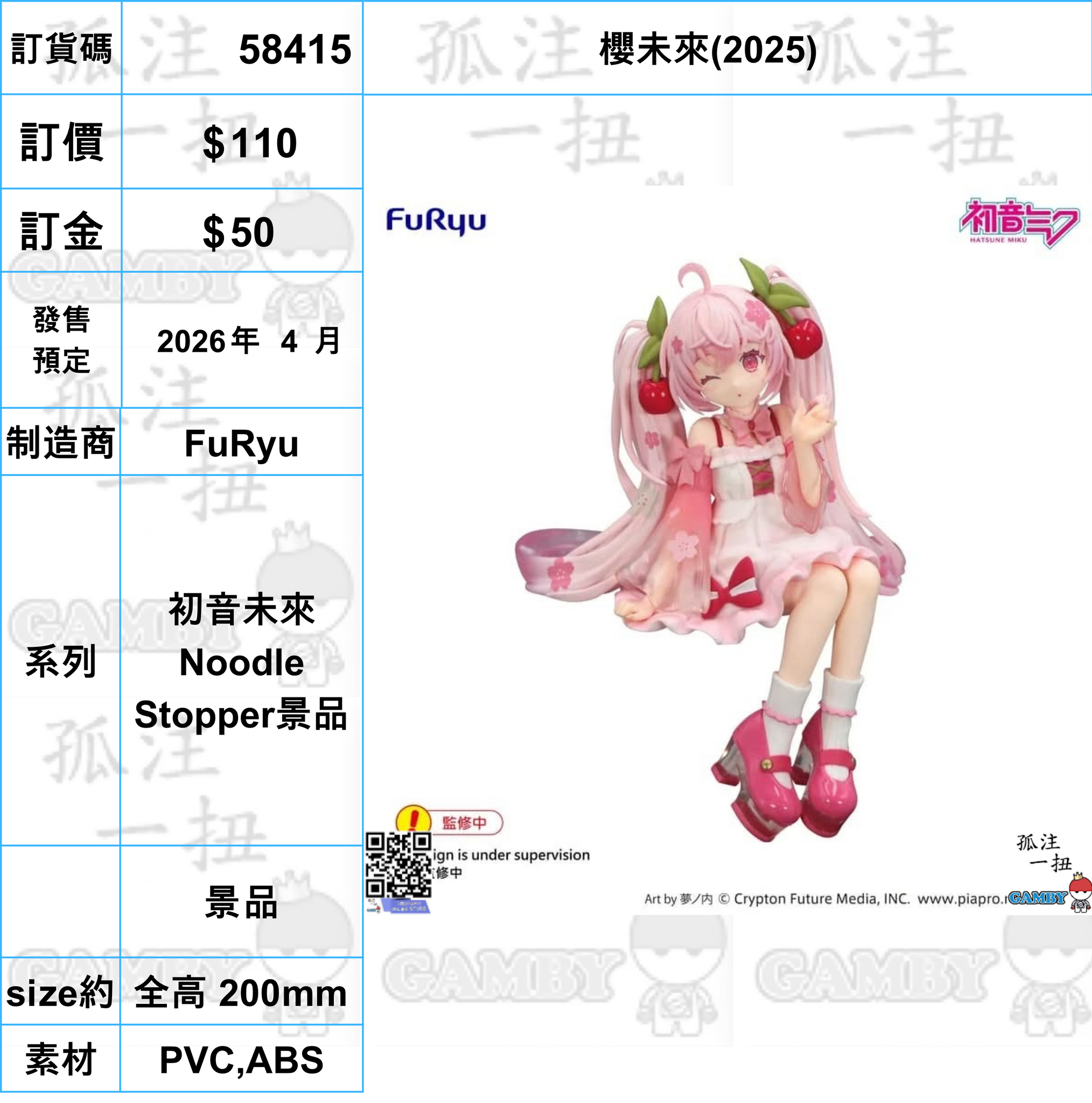 訂貨碼:58415 <OrderPrice$110> #(免手續費)櫻未來(2025)=初音未來Noodle Stopper景品