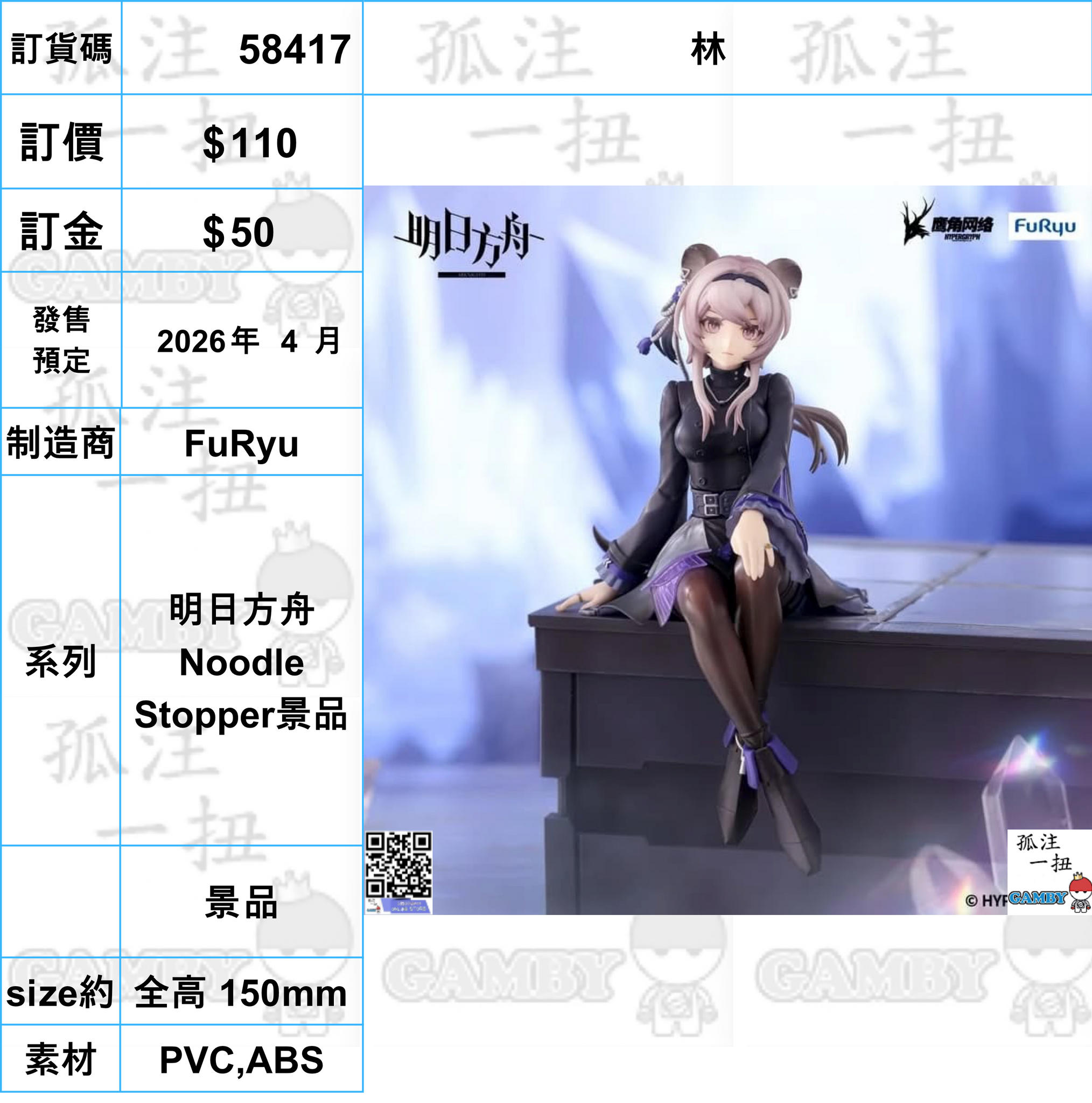 訂貨碼:58417 <OrderPrice$110> #(免手續費)林=明日方舟Noodle Stopper景品