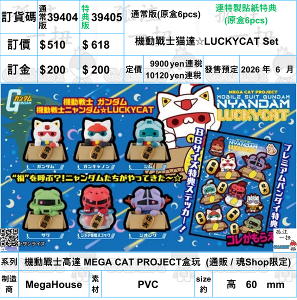 訂貨碼:39404&39405 <訂價$510&618> #(免手續費)(原盒6pcs)機動戰士猫達☆LUCKYCAT Set=機動戰士高達 MEGA CAT PROJECT盒玩