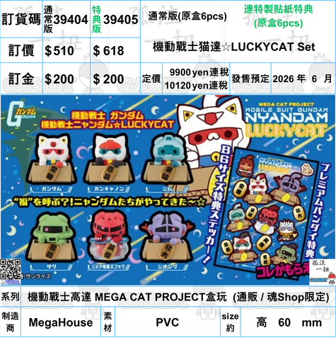 訂貨碼:39404&39405 <訂價$510&618> #(免手續費)(原盒6pcs)機動戰士猫達☆LUCKYCAT Set=機動戰士高達 MEGA CAT PROJECT盒玩