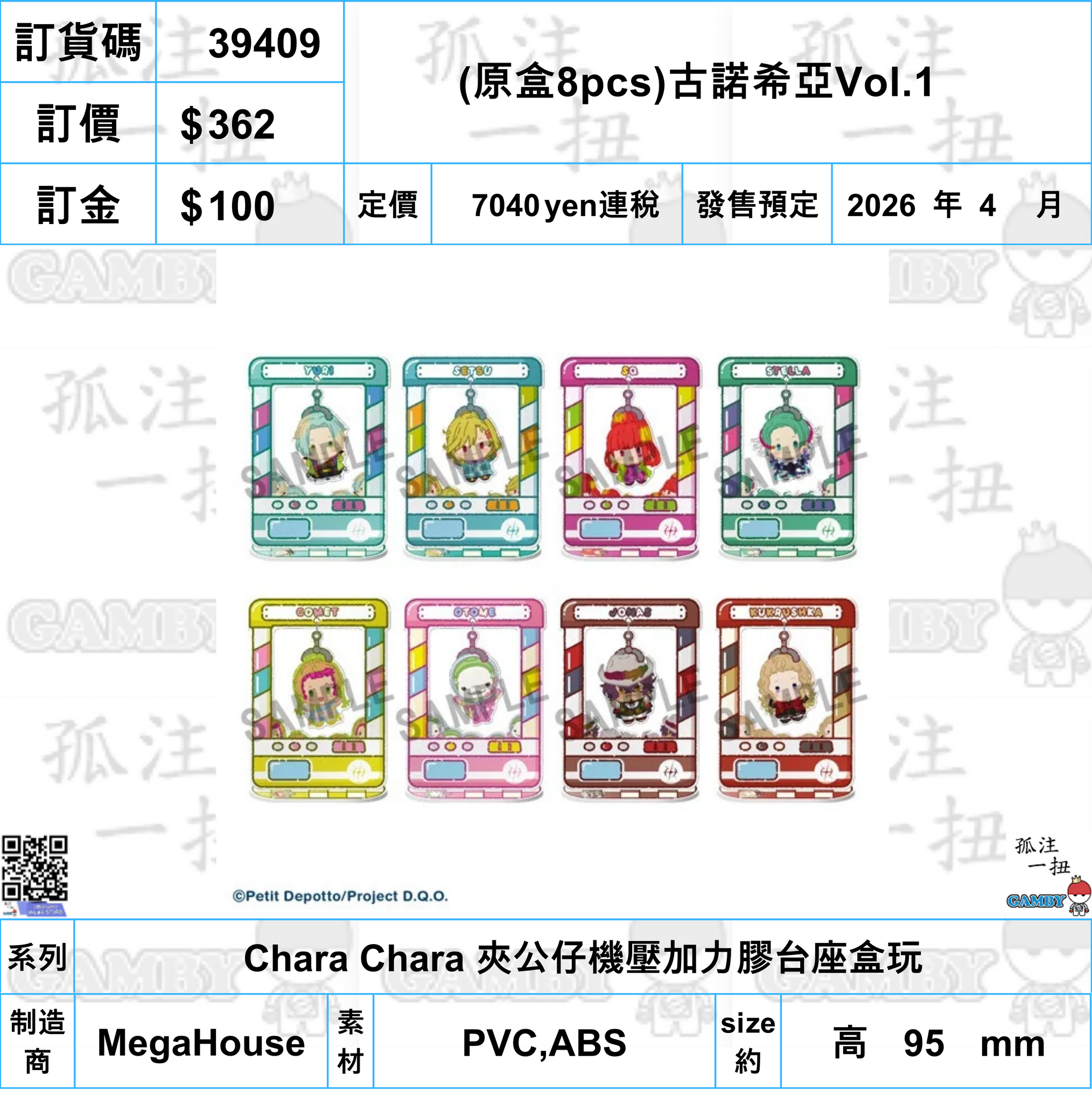訂貨碼:39409 <訂價$362> #(免手續費)(原盒8pcs)古諾希亞Vol.1=Chara Chara 夾公仔機壓加力膠台座盒玩