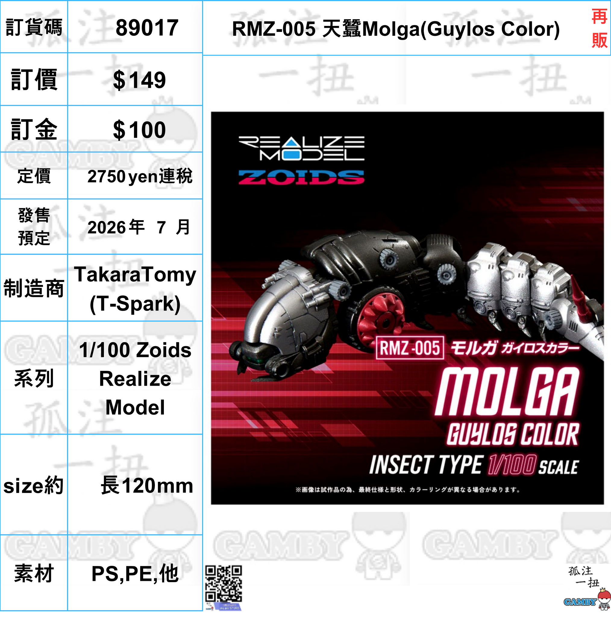 訂貨碼:89017 <訂價$149> #(免手續費)RMZ-005 天蠶Molga(Guylos Color)再販=1/100 Zoids Realize Model