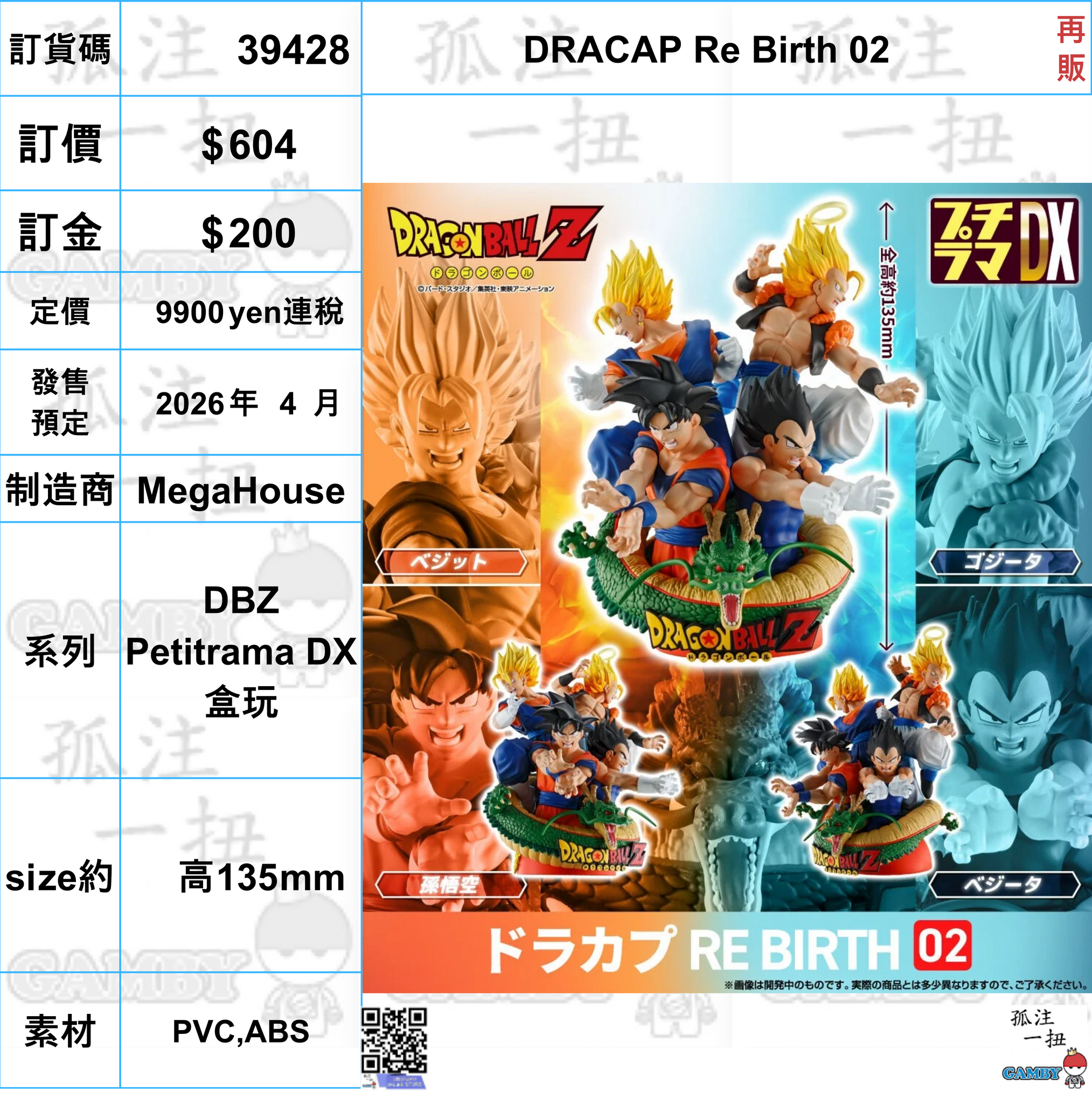 訂貨碼:39428 <訂價$604> #(免手續費)DRACAP Re Birth 02(再販)=DBZ Petitrama DX盒玩