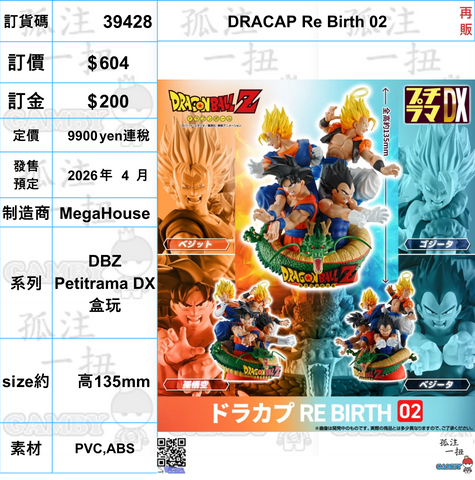 訂貨碼:39428 <訂價$604> #(免手續費)DRACAP Re Birth 02(再販)=DBZ Petitrama DX盒玩