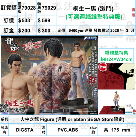 訂貨碼:79028&79029 <訂價$533&599> #桐生一馬 (激鬥)再販=人中之龍 Figure