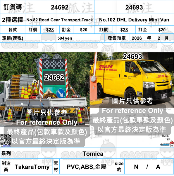 訂貨碼:24692&24693 <訂價各$28> #(免手續費)No.82 Road Gear Transport Truck/No.102 DHL Delivery Mini Van=Tomica