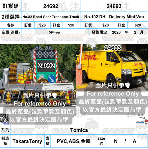 訂貨碼:24692&24693 <訂價各$28> #(免手續費)No.82 Road Gear Transport Truck/No.102 DHL Delivery Mini Van=Tomica